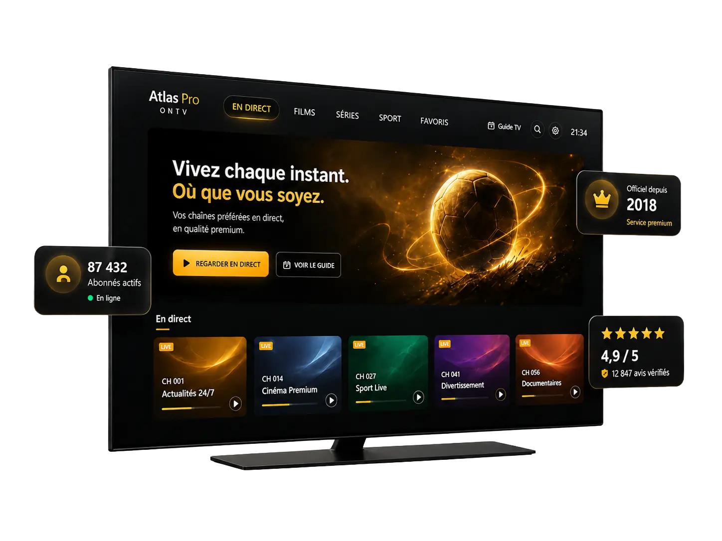Interface de l'abonnement IPTV Atlas Pro ONTV affichée sur Smart TV avec chaînes en direct, films et séries en 4K