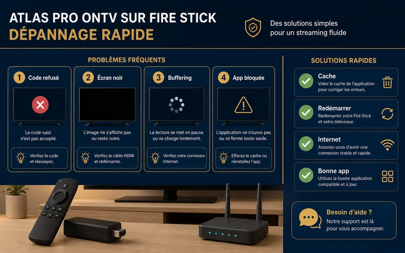 Dépannage Atlas Pro ONTV Fire Stick écran noir code refusé et buffering
